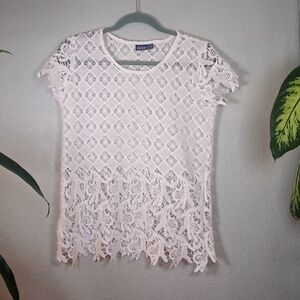 Janina Lace Sheer White Scoop Neck Boho Top Cottagecore Scalloped Cap Sleeves M